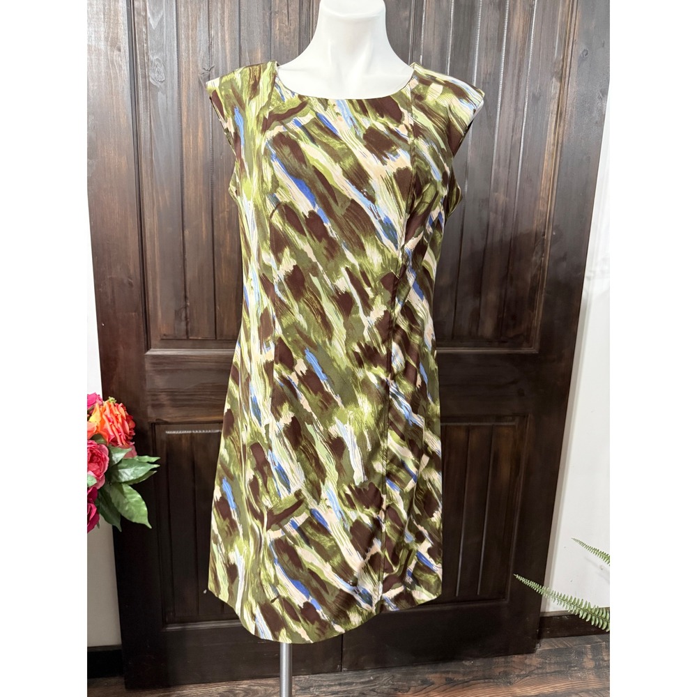 Scarlett Womens Size 12 Abstract Print Sheath Dress Green Brown Sleeveless Knee